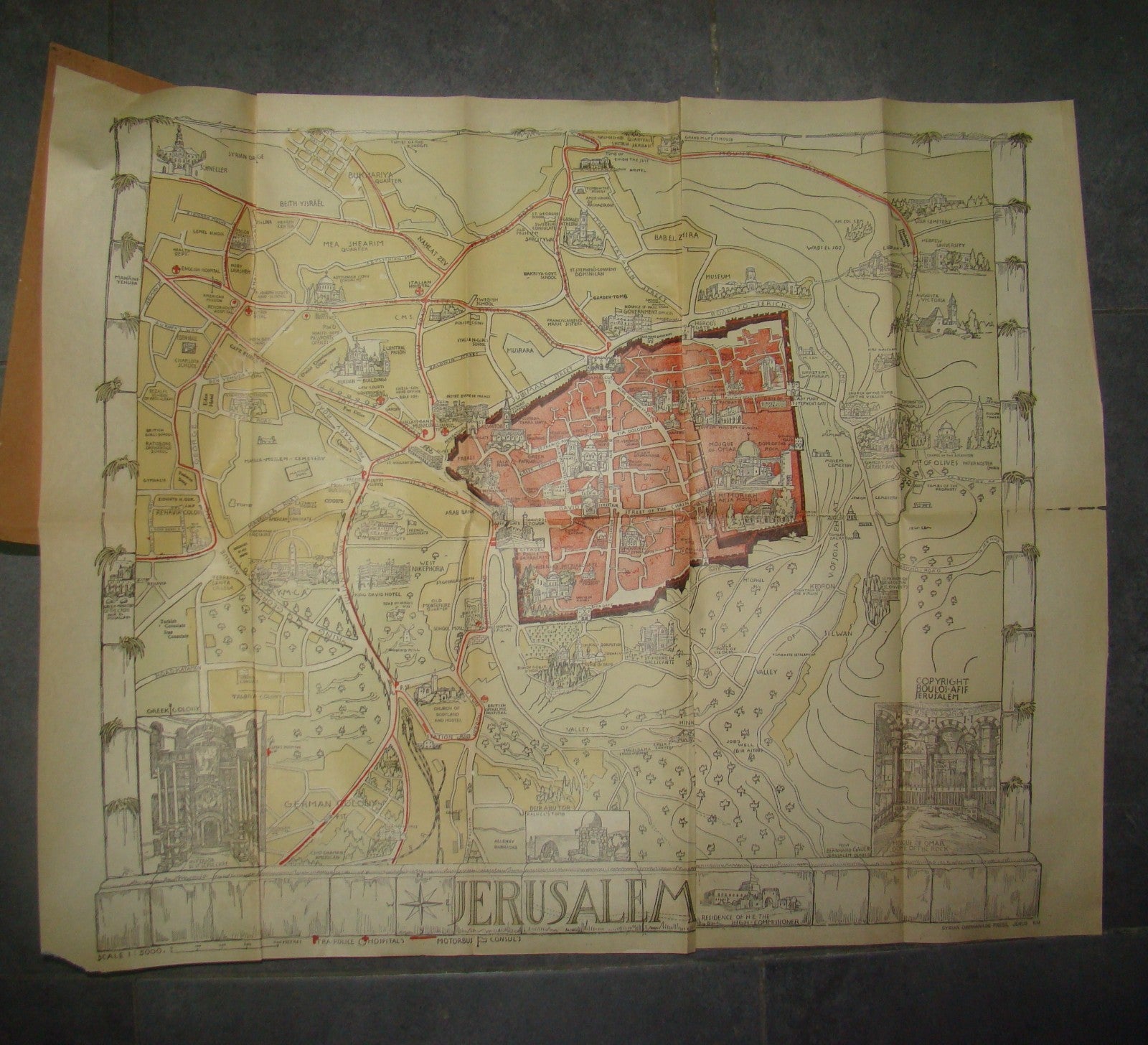 RARE Jewish Palestine Eretz Israel Jerusalem Guide Map Syrian Orphanage 1940's