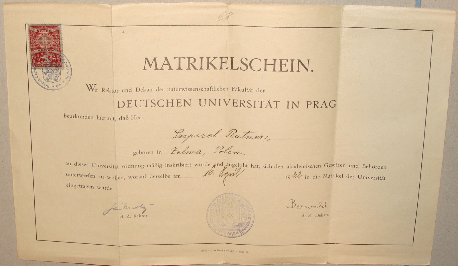 Germany 1932 German Prag Prague Czech University Certificate Diploma Stamp