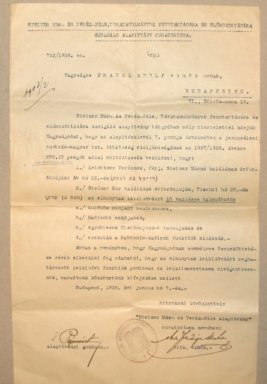 Letter Jewish Judaica 1928 Hungary Budapest Jews To Adolf Frankl STEINER MOR
