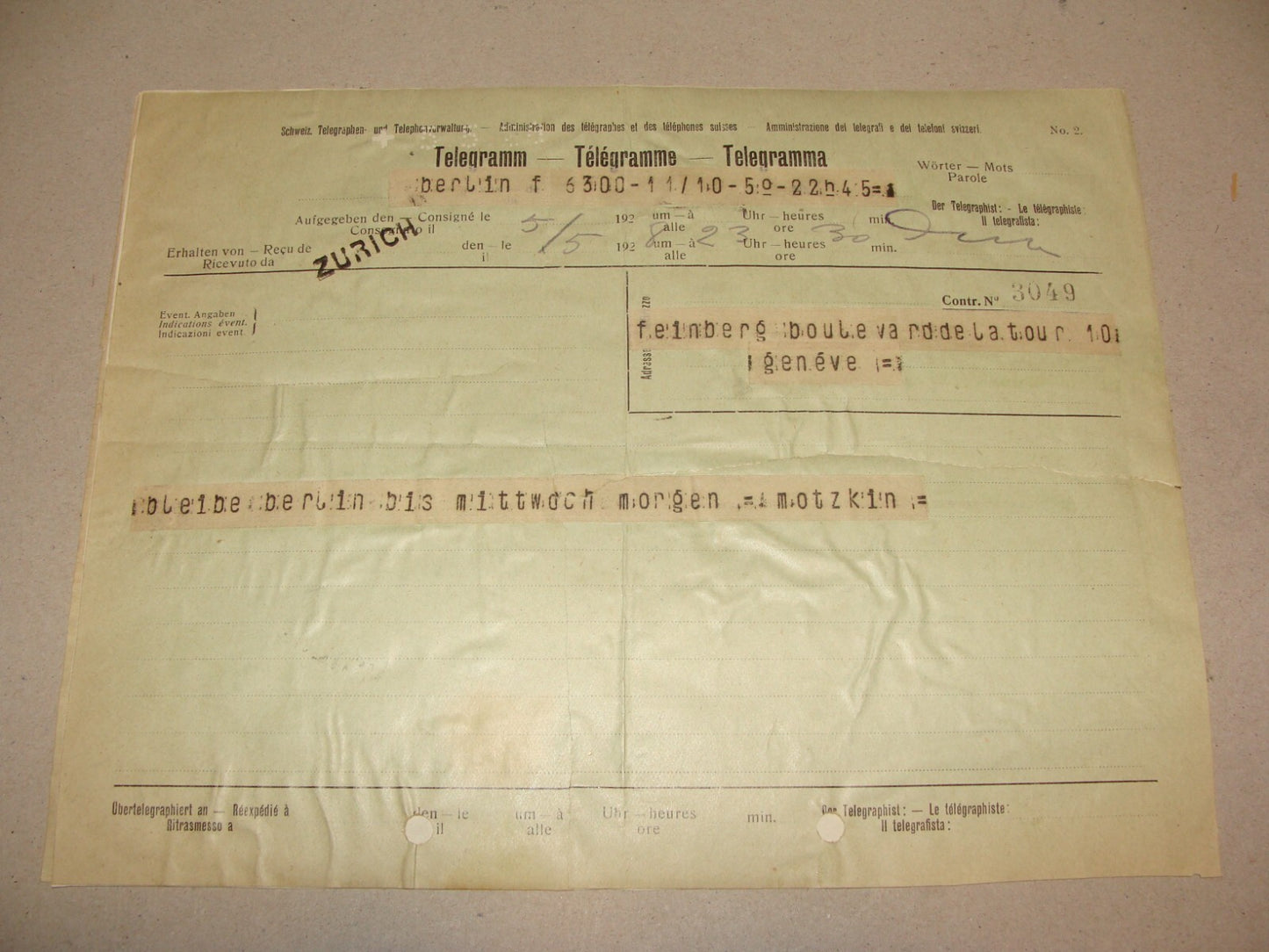 Letter Jewish 1928 Paris LEO MOTZKIN Telegram To Feinberg Geneve Zionist