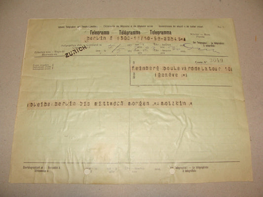 Letter Jewish 1928 Paris LEO MOTZKIN Telegram To Feinberg Geneve Zionist