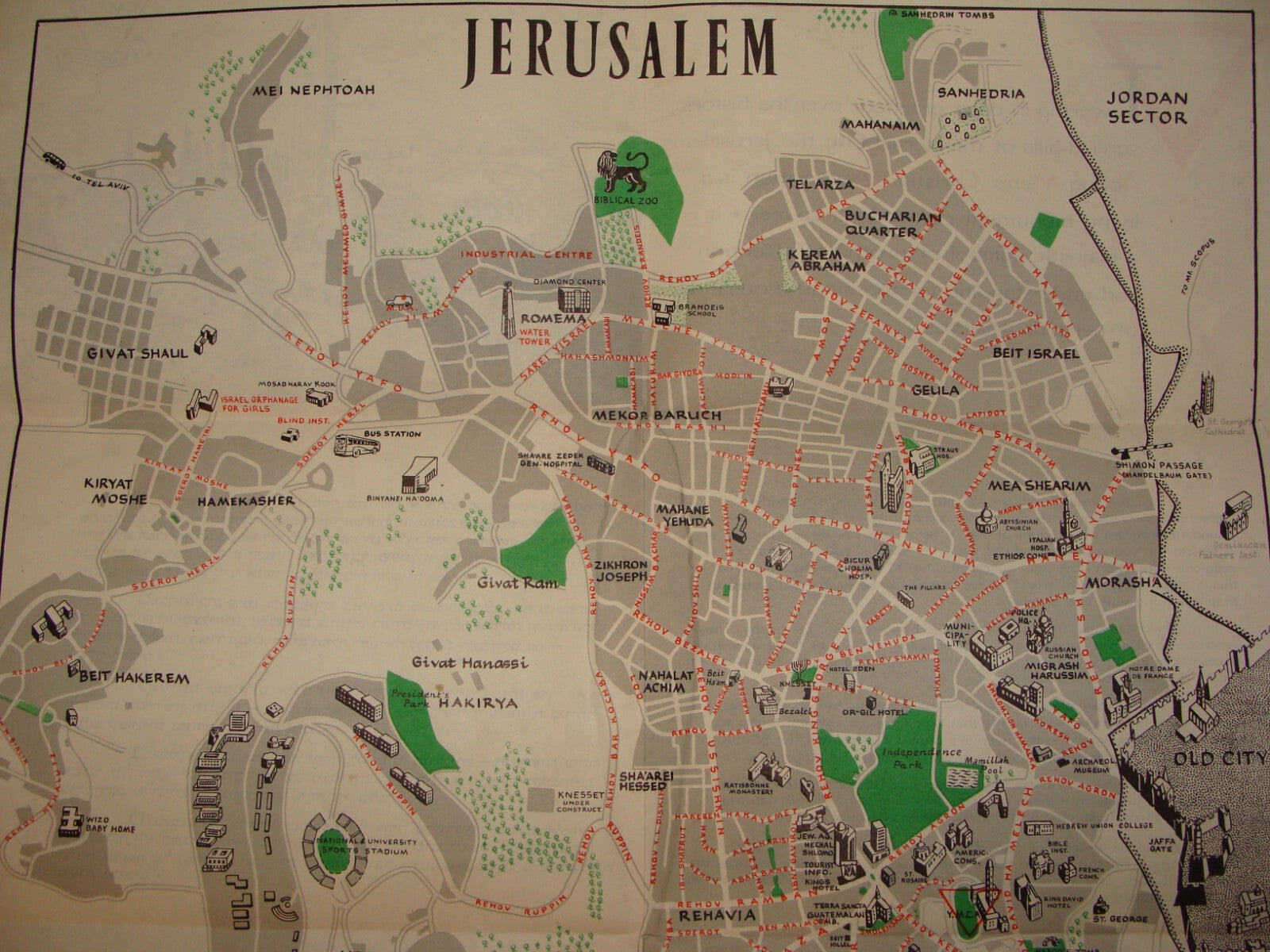 Map Jewish Judaica 1961 Israel JERUSALEM Pictorial Pre Six Day War YMCA Guide