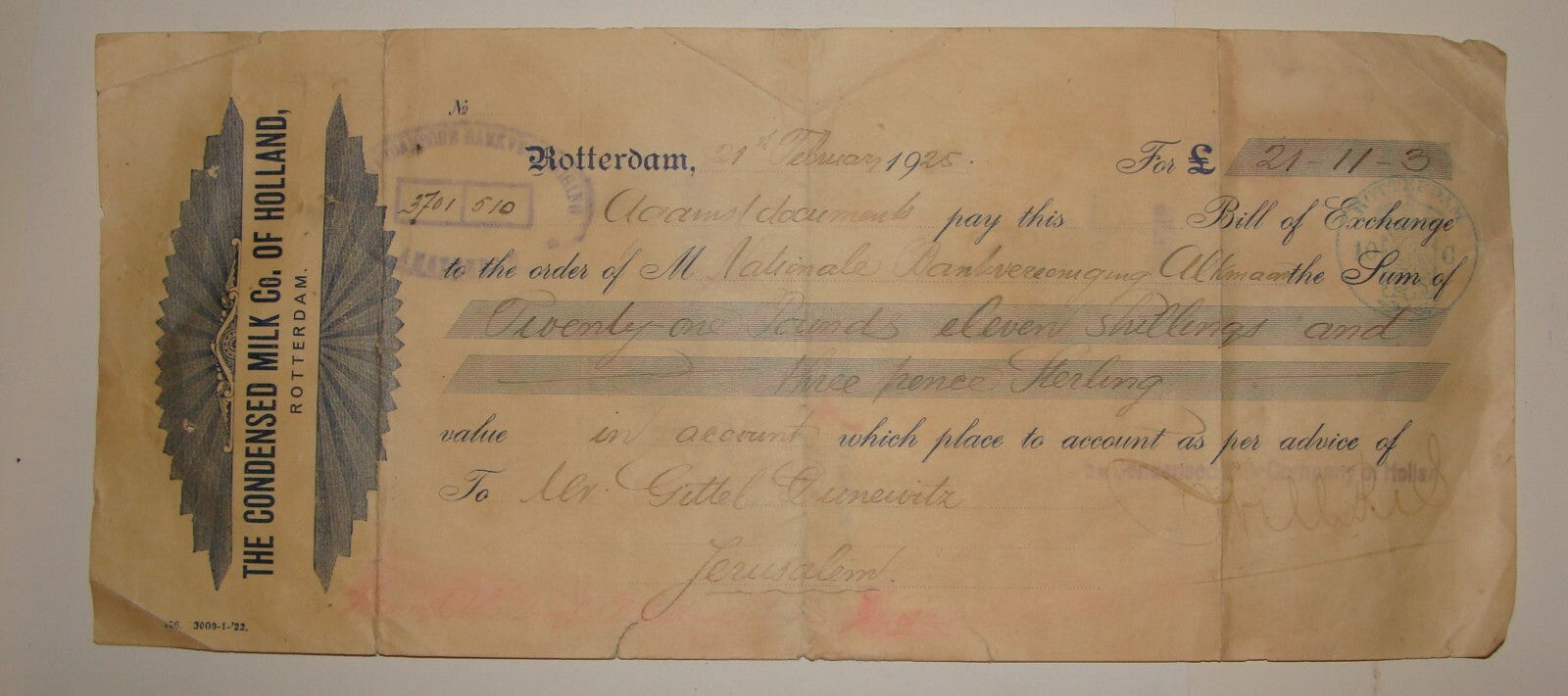 CONDENSED MILK Co. of HOLLAND Rotterdam Netherlands Cheque Check 1921 Payment