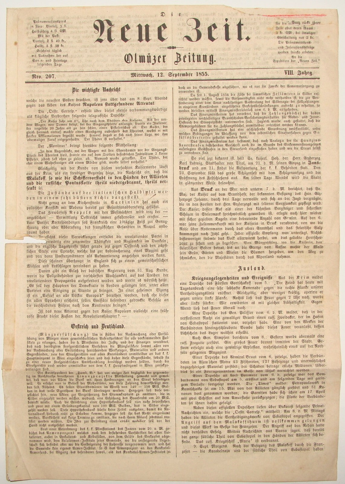 1855 German German Prussia Neue Zeit Newspaper Olmutz Olomouc Czech