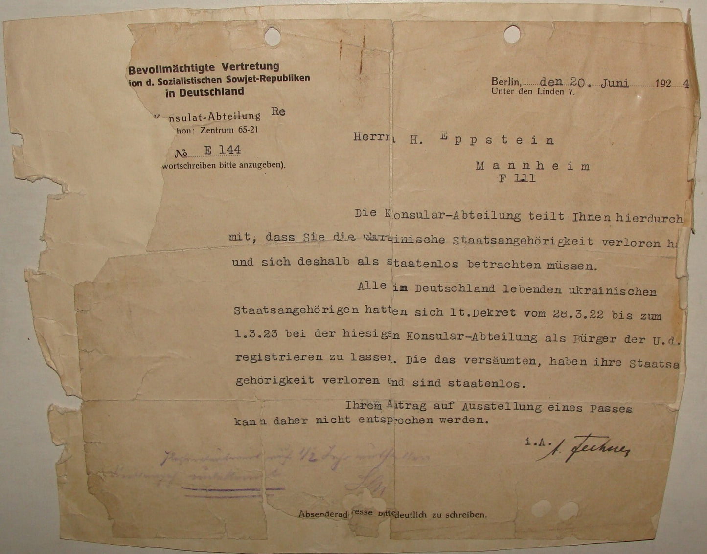 Germany Letter Jewish 1924 German Russia Russian Soviet Consul Consulate Epstein