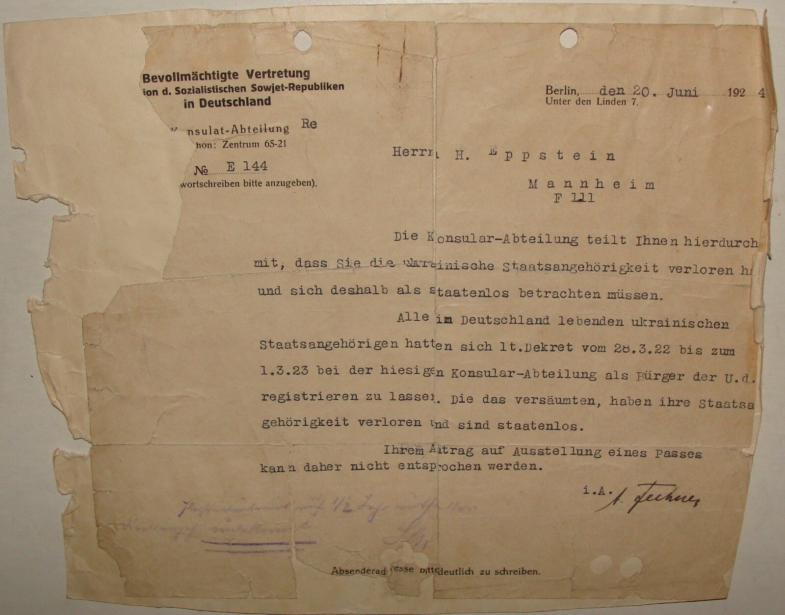 Germany Letter Jewish 1924 German Russia Russian Soviet Consul Consulate Epstein