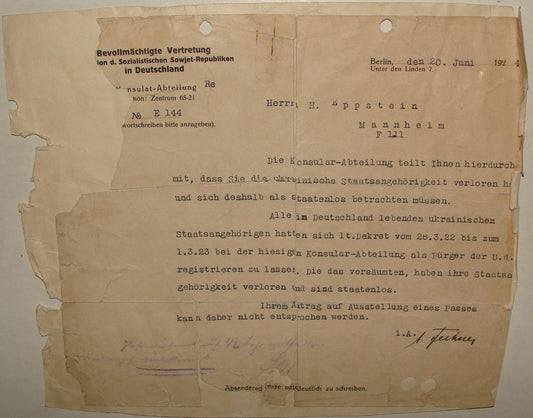 Germany Letter Jewish 1924 German Russia Russian Soviet Consul Consulate Epstein
