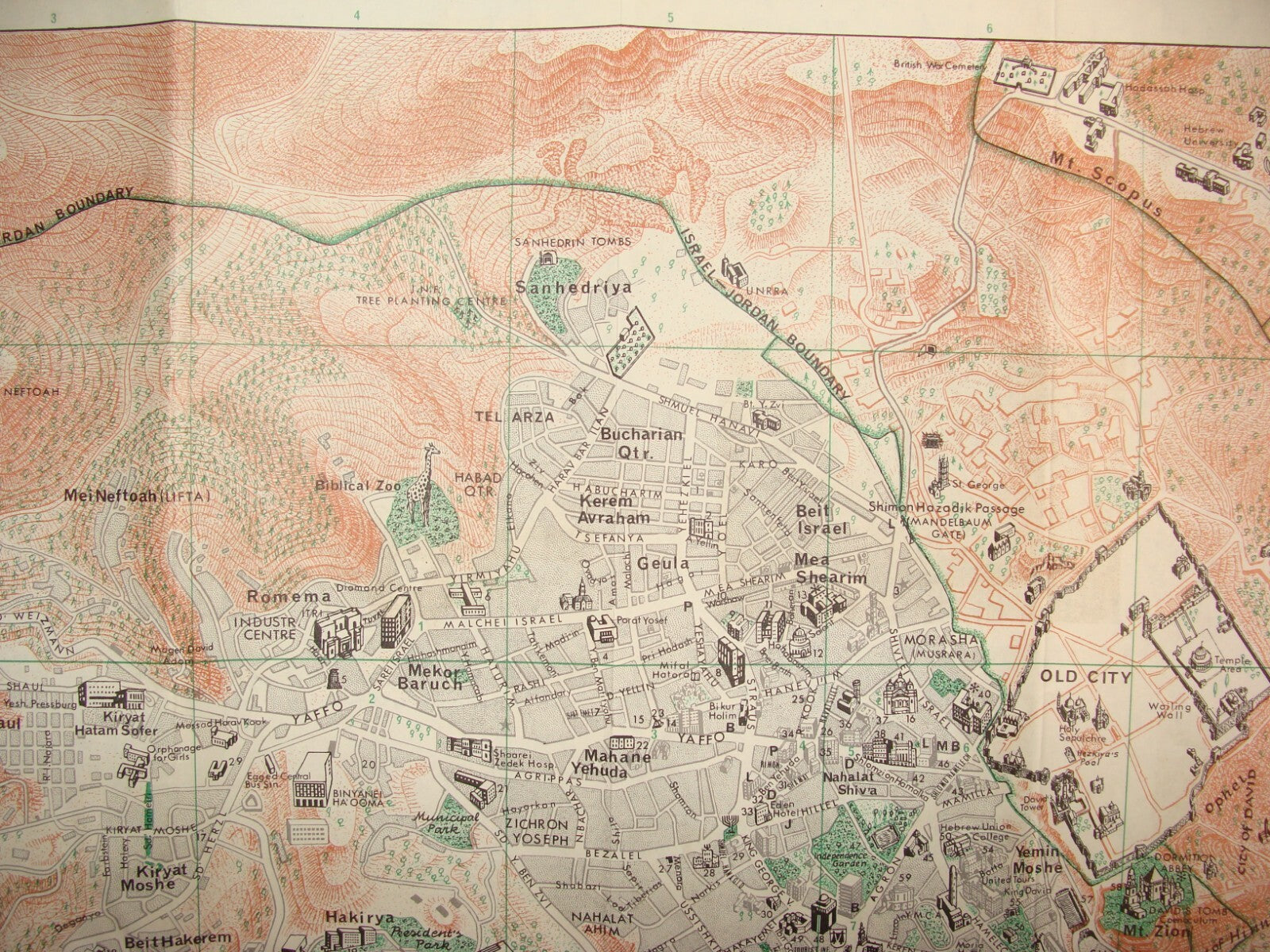 Map Jewish National Fund 1963 Israel Hebrew JERUSALEM Pre Six Day War Guide