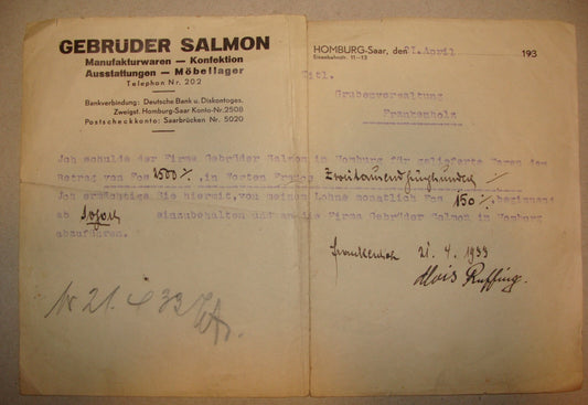 Germany Letter Jewish Judaica 1933 German Homburg SALMON Company