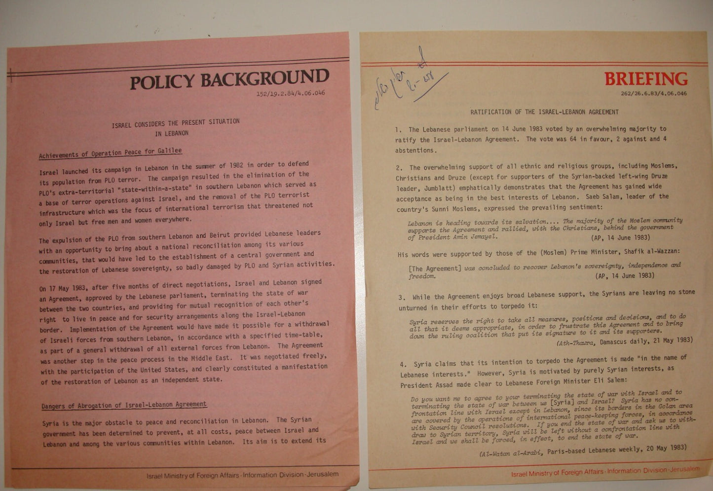 Document Jewish Israel Israeli Arab Lebanon Post 1982 War Foreign Affairs