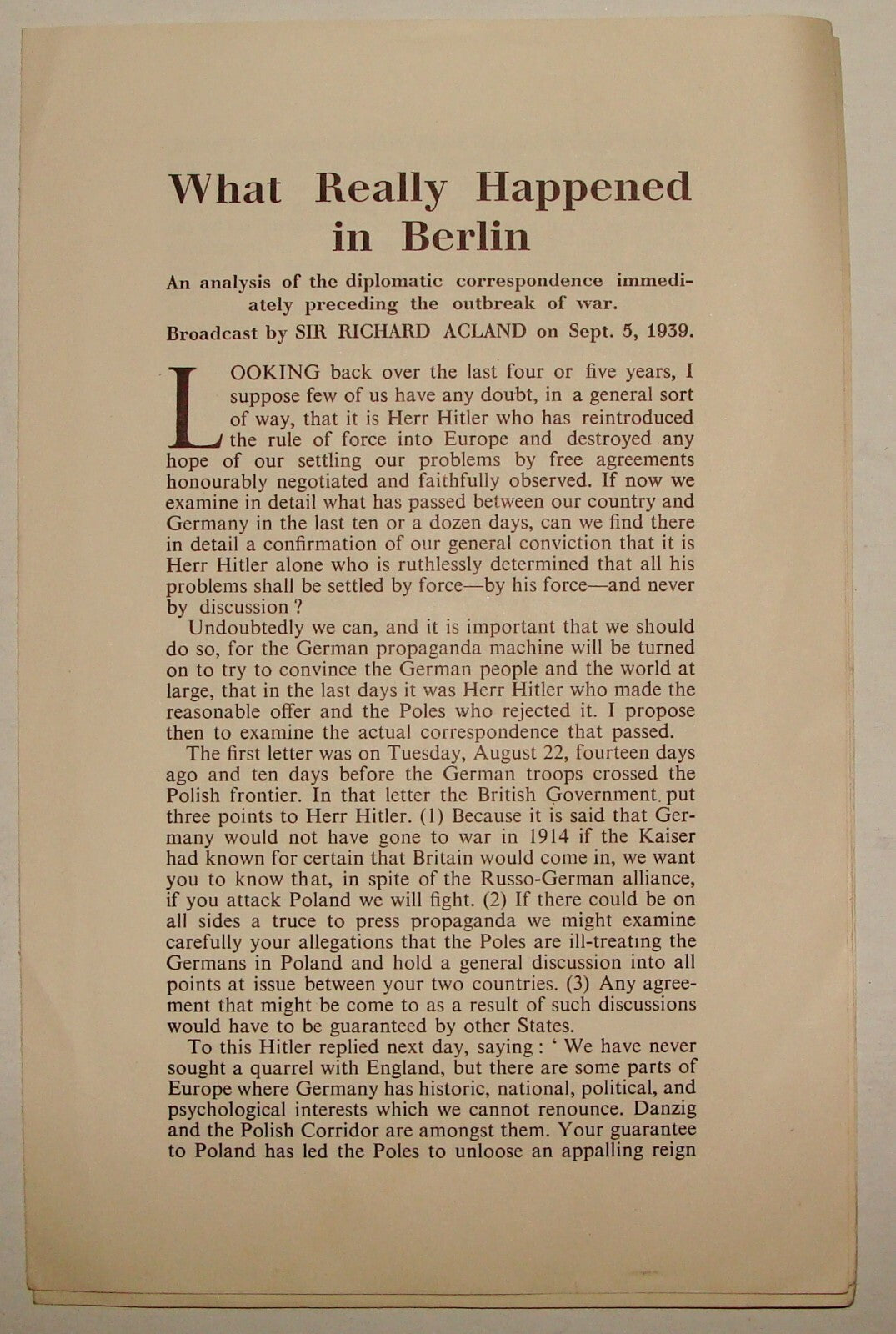 1939 The Listener England Reprint WHAT REALLY HAPPENED IN BERLIN World War II