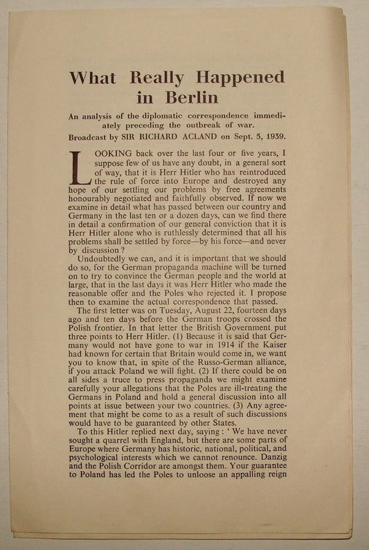 1939 The Listener England Reprint WHAT REALLY HAPPENED IN BERLIN World War II