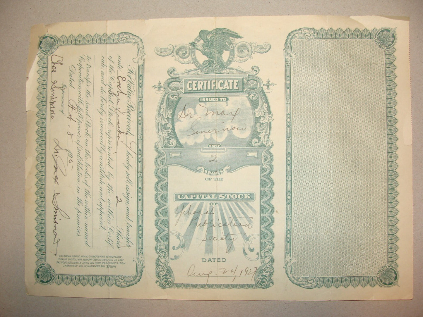 $ Jewish American 1927 Yehoash Publication Society Certificate Share Stock