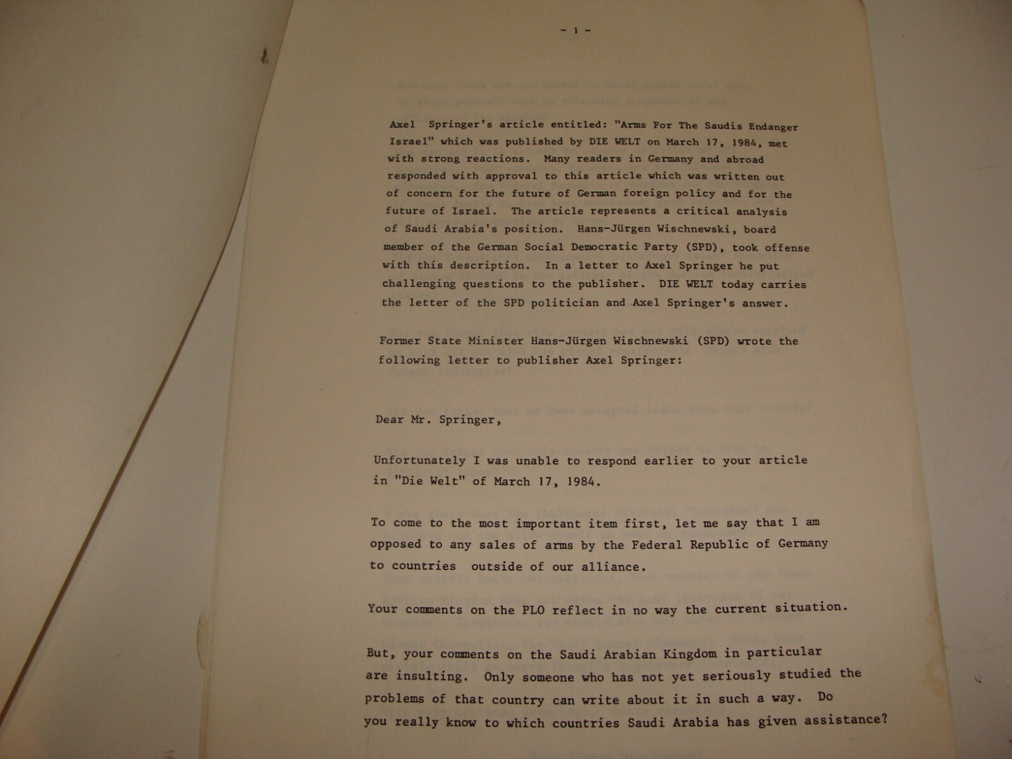 Germany Paper Palestine Jewish 1984 German DIE WELT Israel Wischnewski Springer