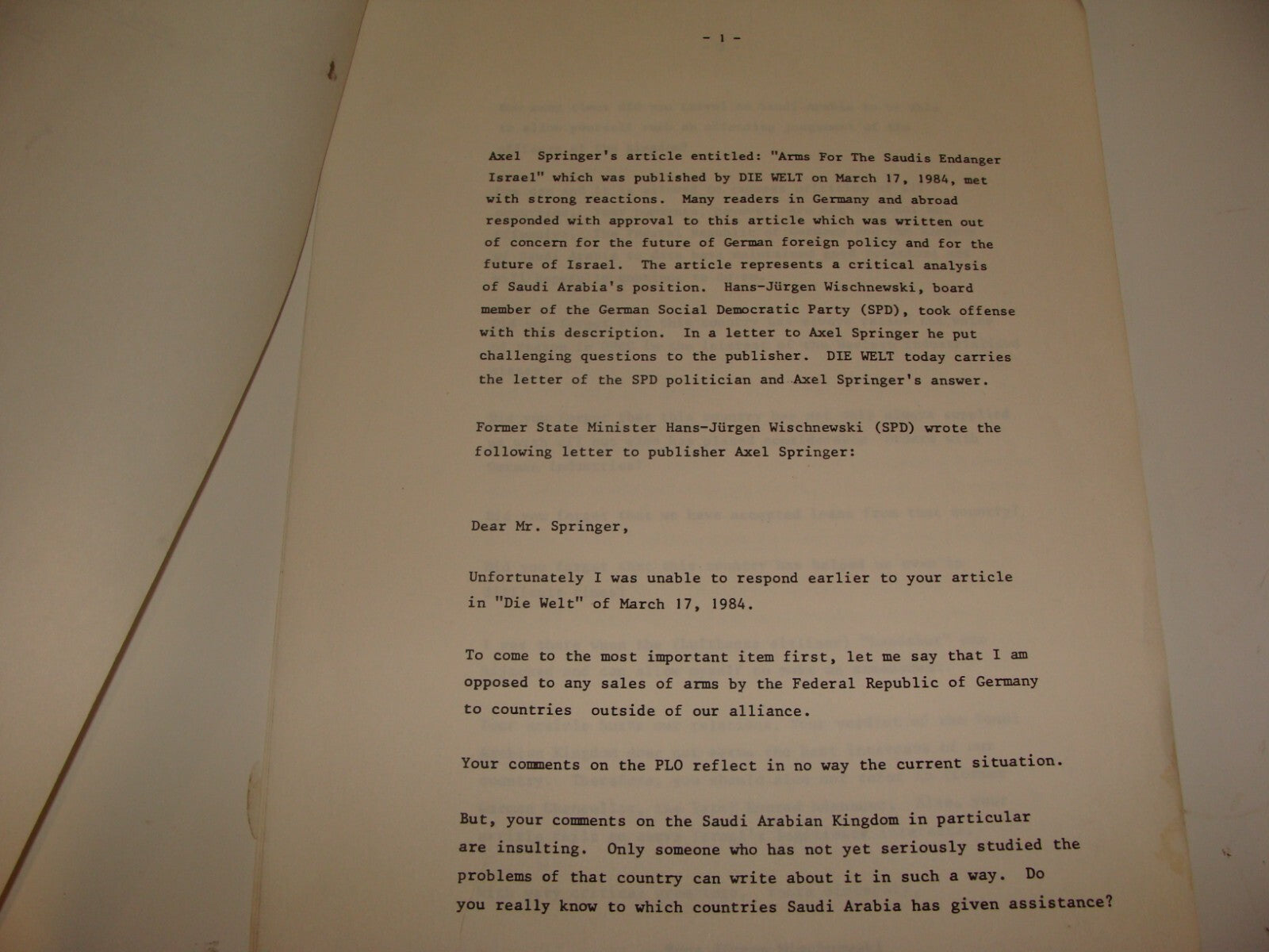 Germany Paper Palestine Jewish 1984 German DIE WELT Israel Wischnewski Springer