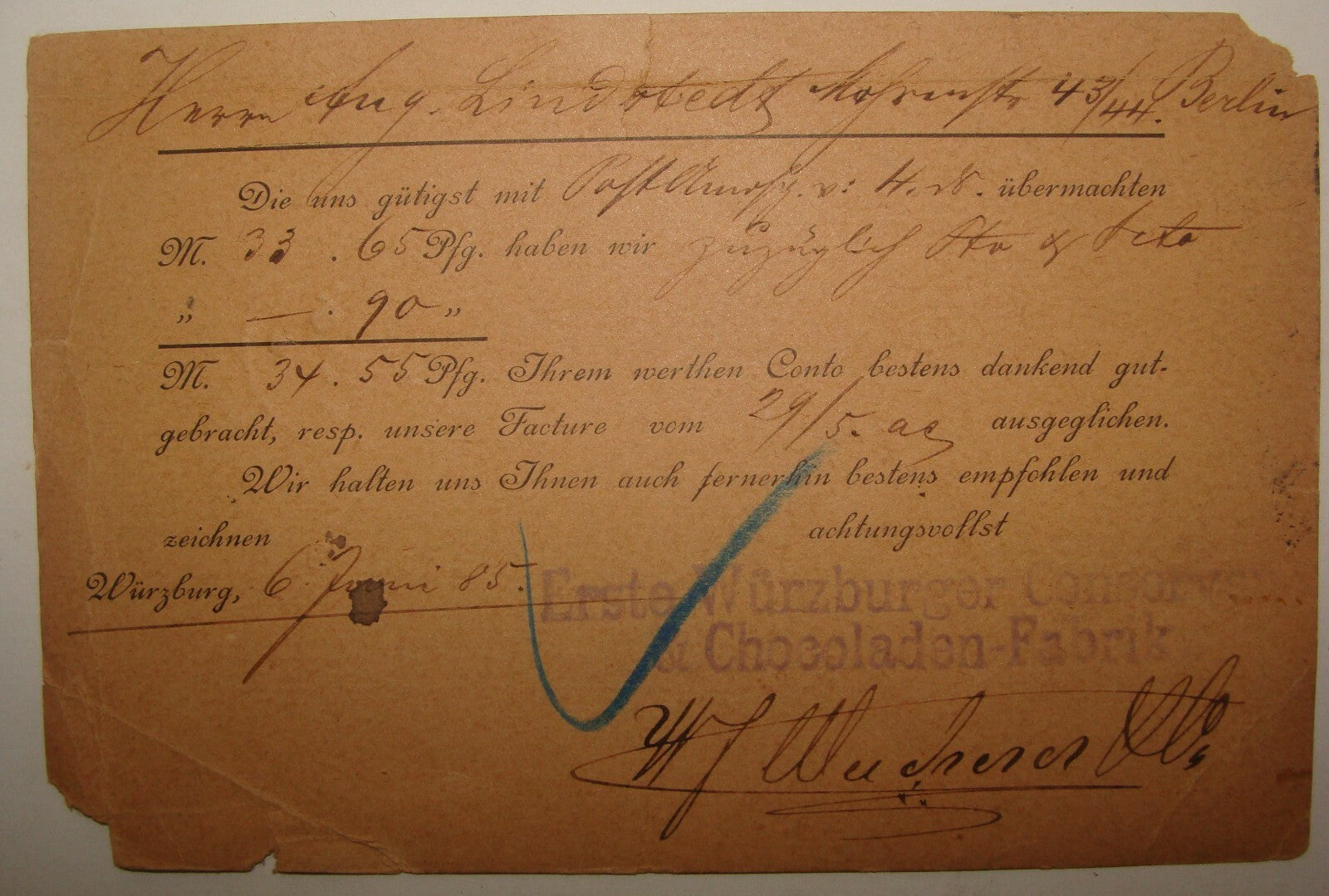 Germany 1885 German Bavaria 5 Pfennig Stamp Cover Chocolate Wurzburg Berlin