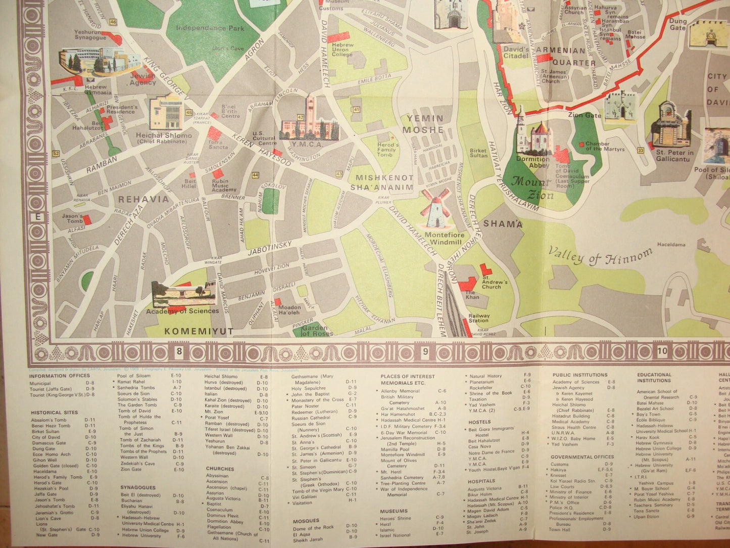 Map Jewish Judaica 1969 Israel Hebrew JERUSALEM Post Six Day War Color Guide