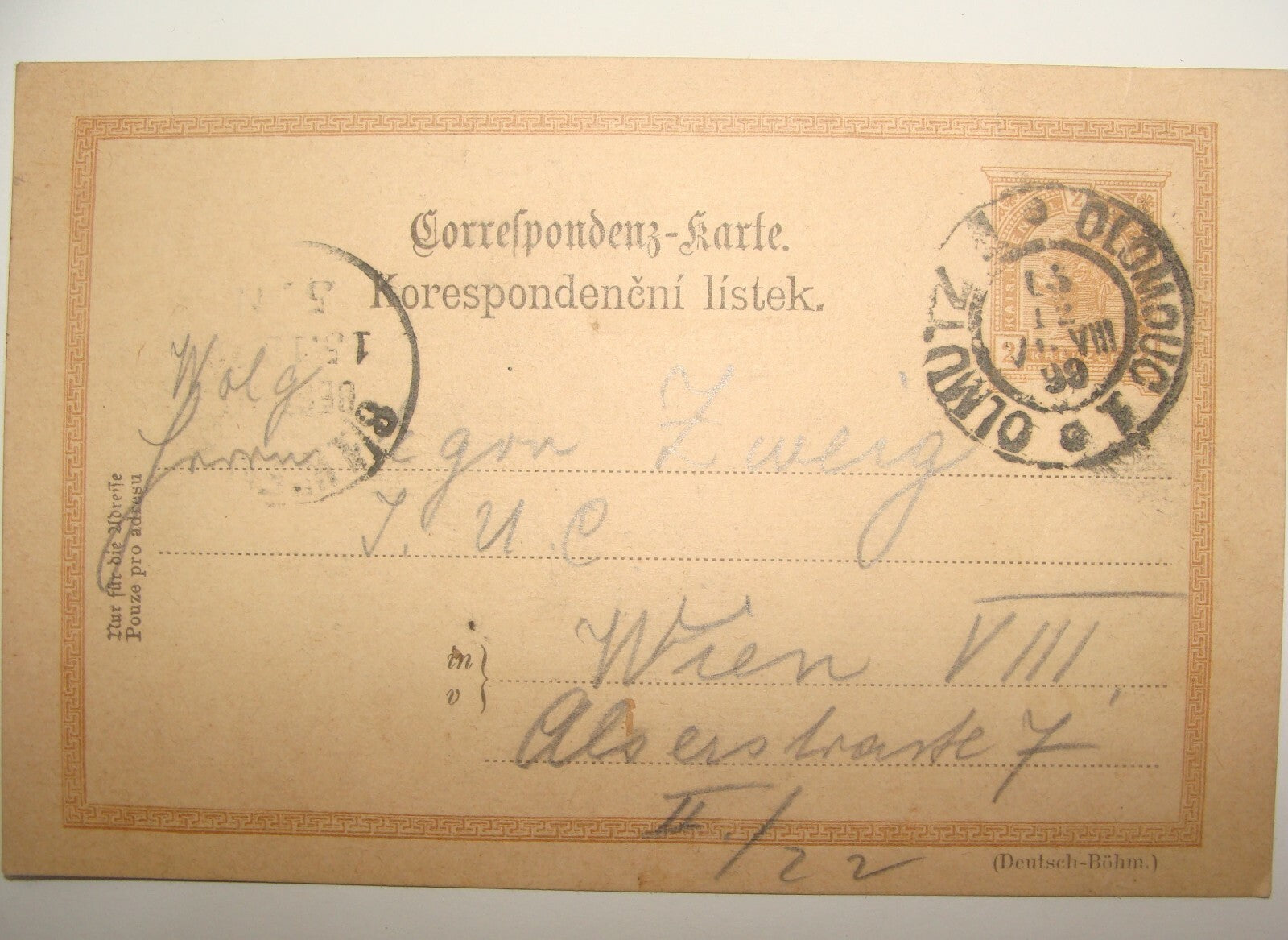 Card Jewish Judaica 1899 Postcard Letter Olmutz To Wien ZWEIG German Signature