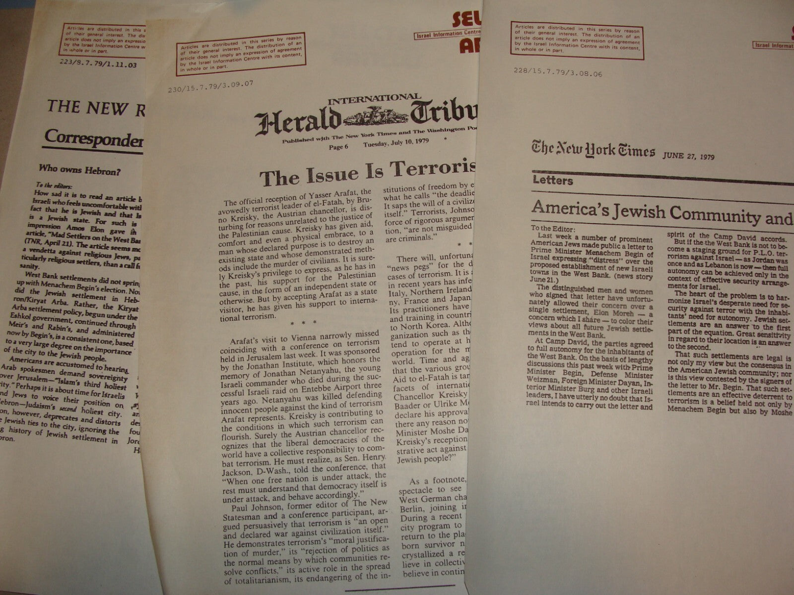 Jewish Judaica 1979 Israel Israeli Arab Palestine West Bank Conflict Articles x3
