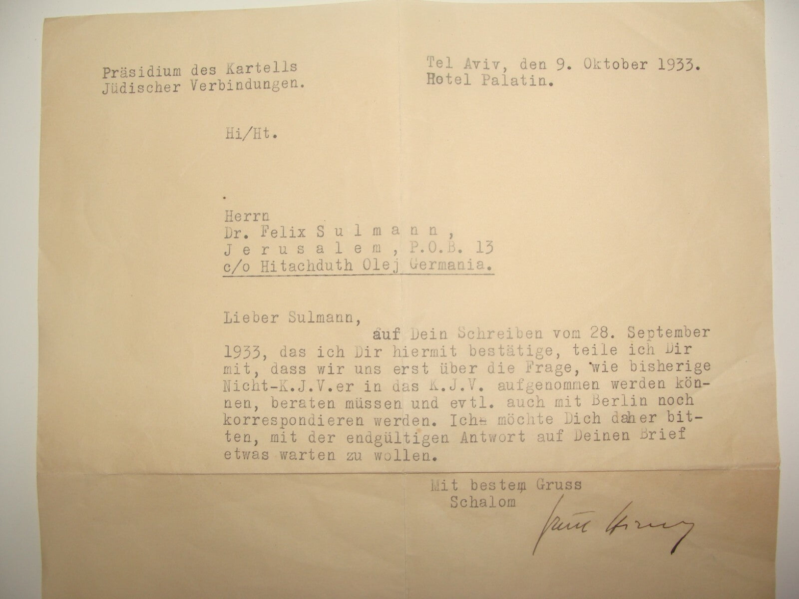 Letter Palestine Jewish Judaica 1933 German Immigrants Jews Israel Signed