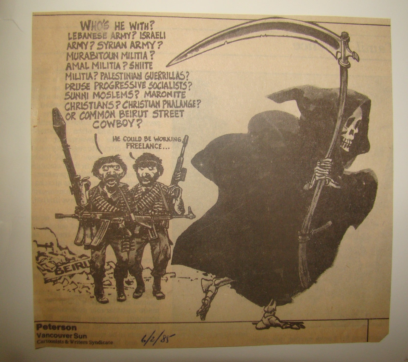 Newspaper Israel Roy Peterson Canada Caricaturist 1985 Lebanon Beirut War