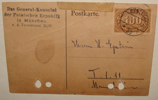 Germany Card Jewish 1923 German Munich Poland Consul Consulate Letter Postcard