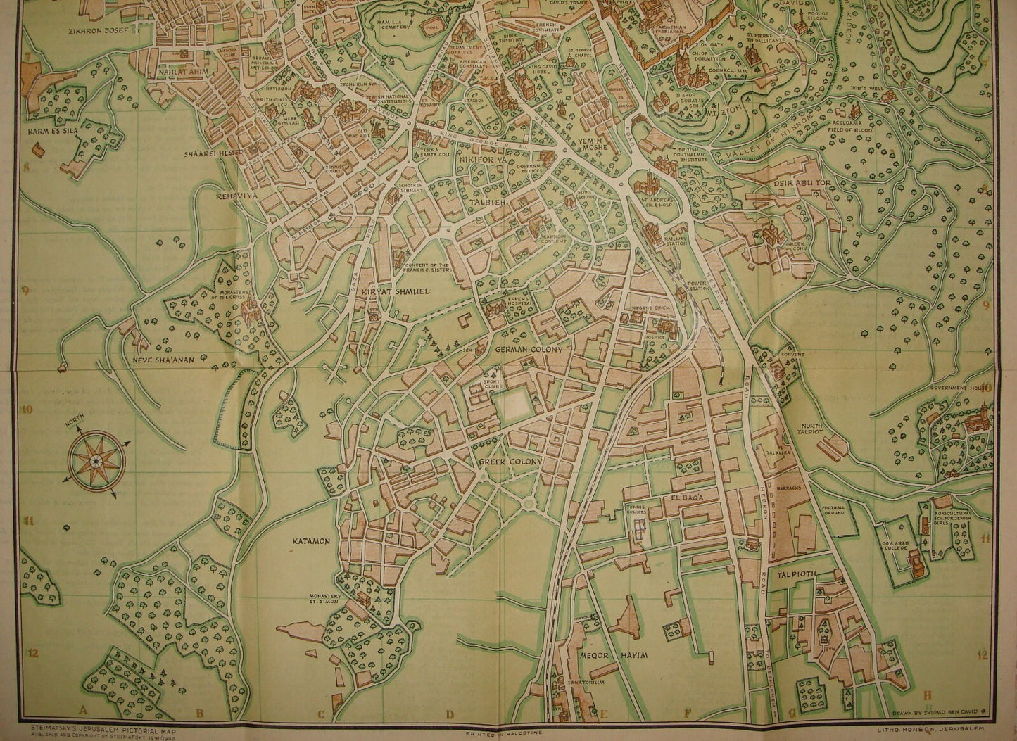 RARE 1941 Steimatzky’s Pictorial Map Jerusalem Palestine Israel Monson Litho