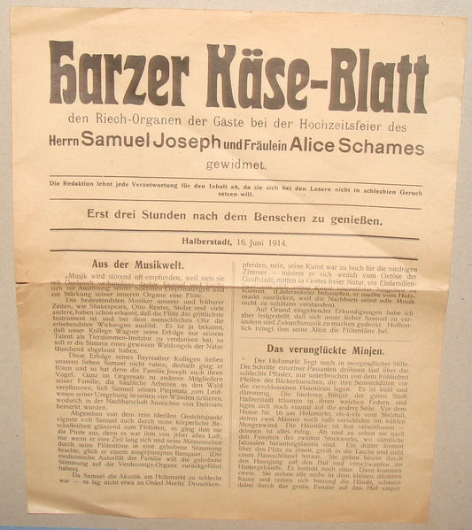 Germany Newspaper Jewish Judaica 1914 German   Marriage Invitation Halberstadt