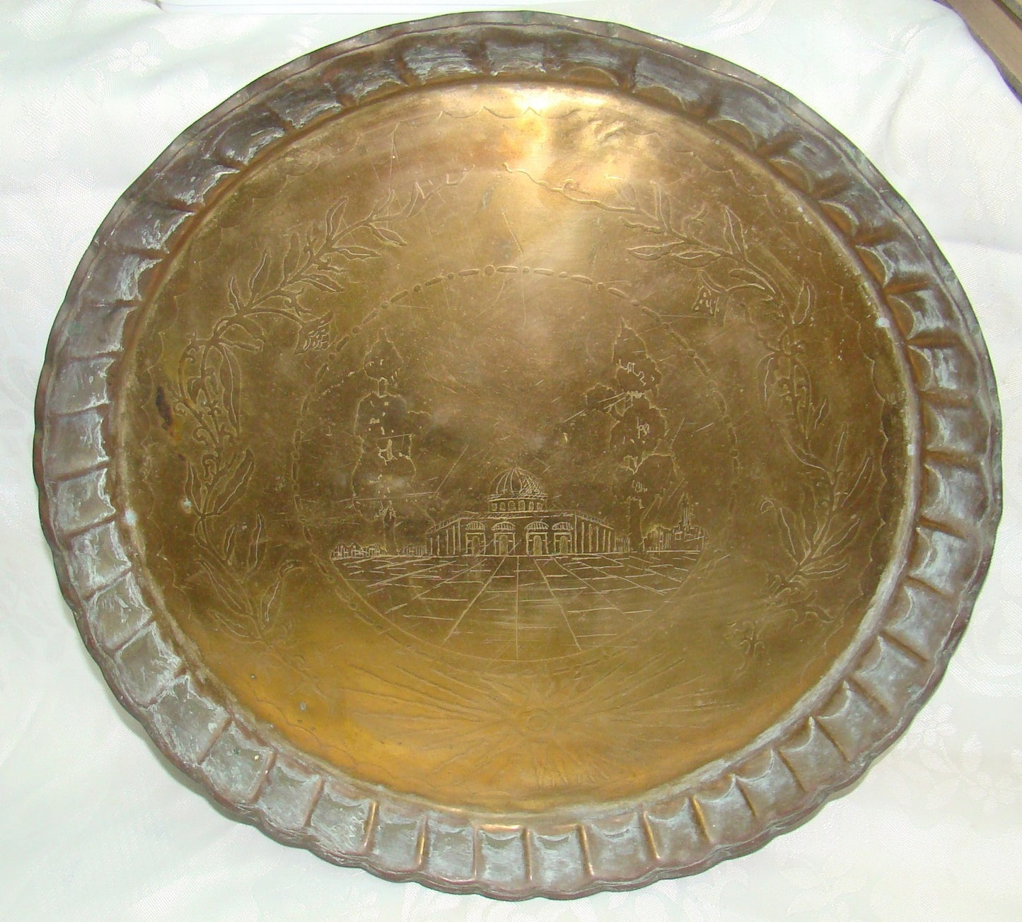 Jewish Judaica Rabbi Burnt Brass Plate Tray Temple Probably Bezalel Art