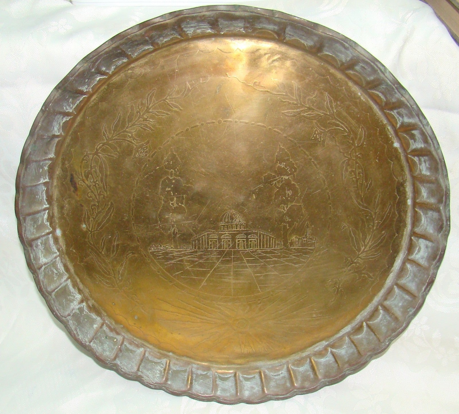 Jewish Judaica Rabbi Burnt Brass Plate Tray Temple Probably Bezalel Art