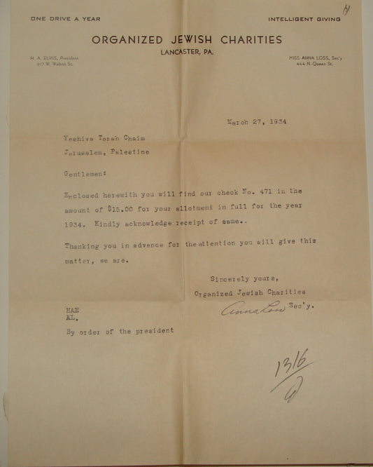 Letter Jewish American Judaica 1934 Organized Charities Lancaster Pennsylvania