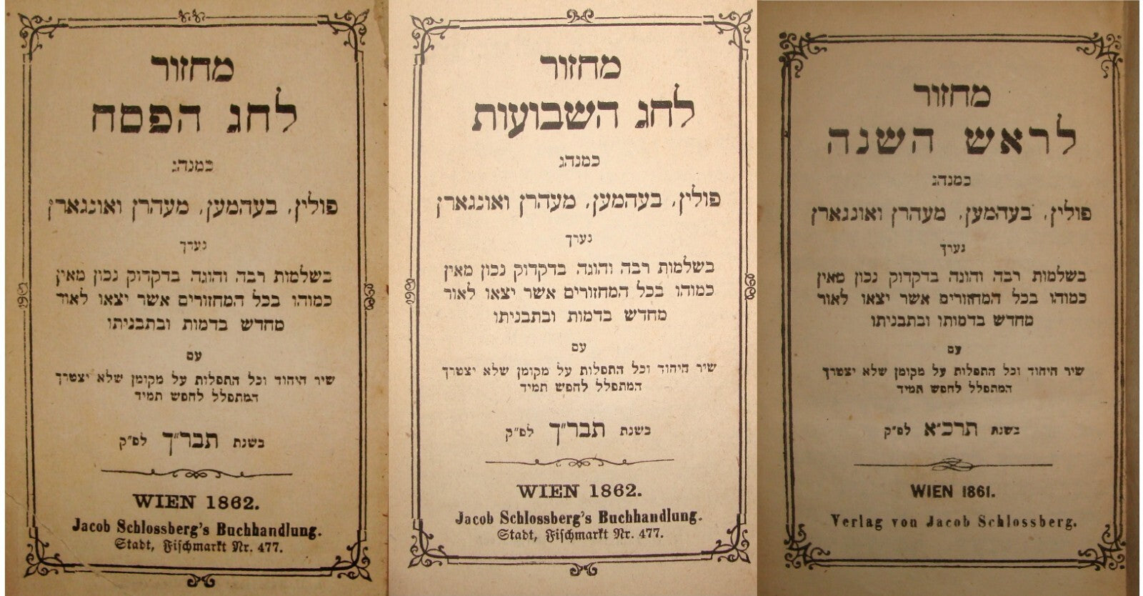 Book Jewish Judaica 1861-2 Austria Vienna Machzor New Year Shavuot Passover x3