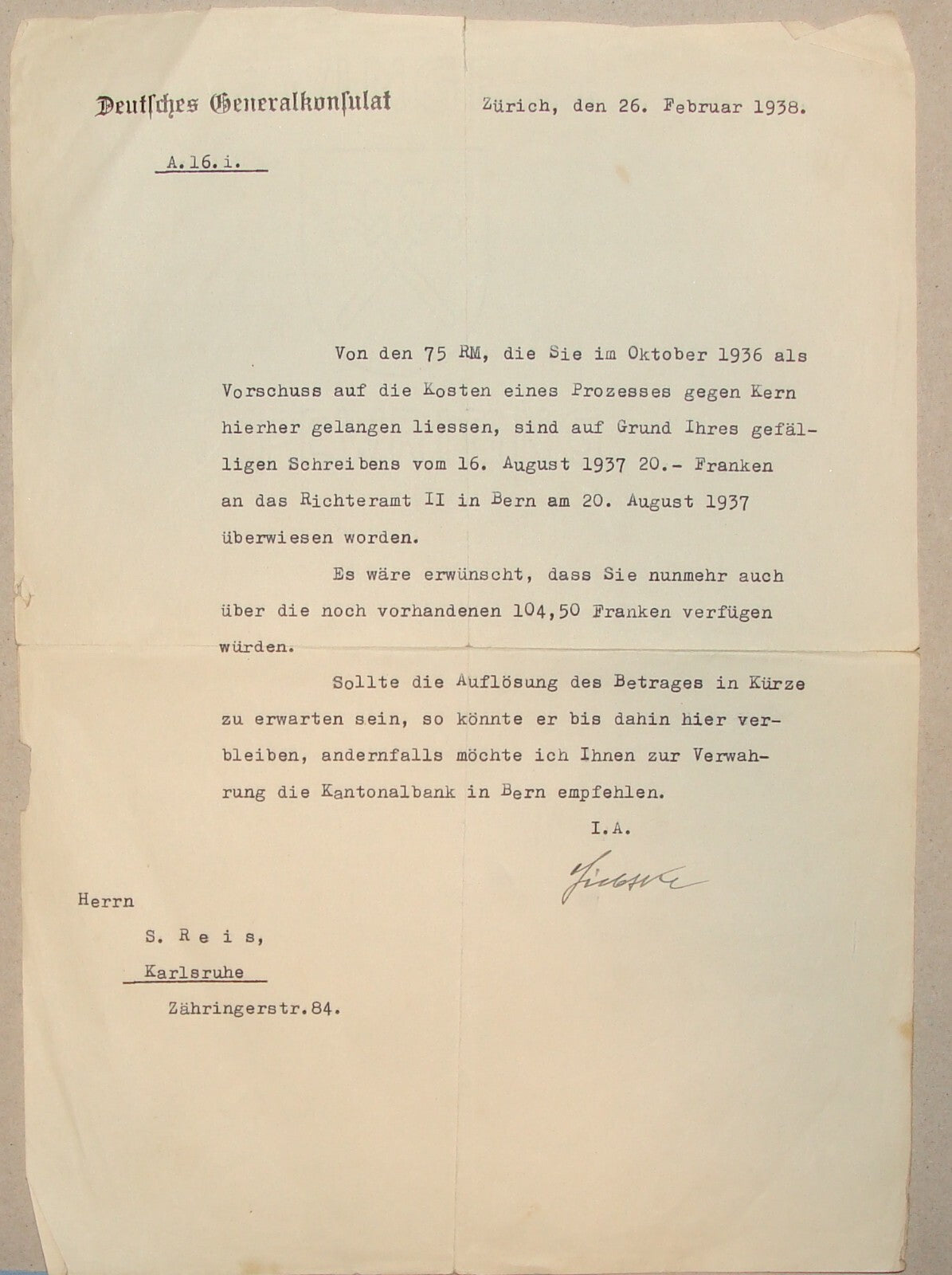Letter Jewish Sigfried Reis 1938 German Consul Consulate Switzerland Zurich