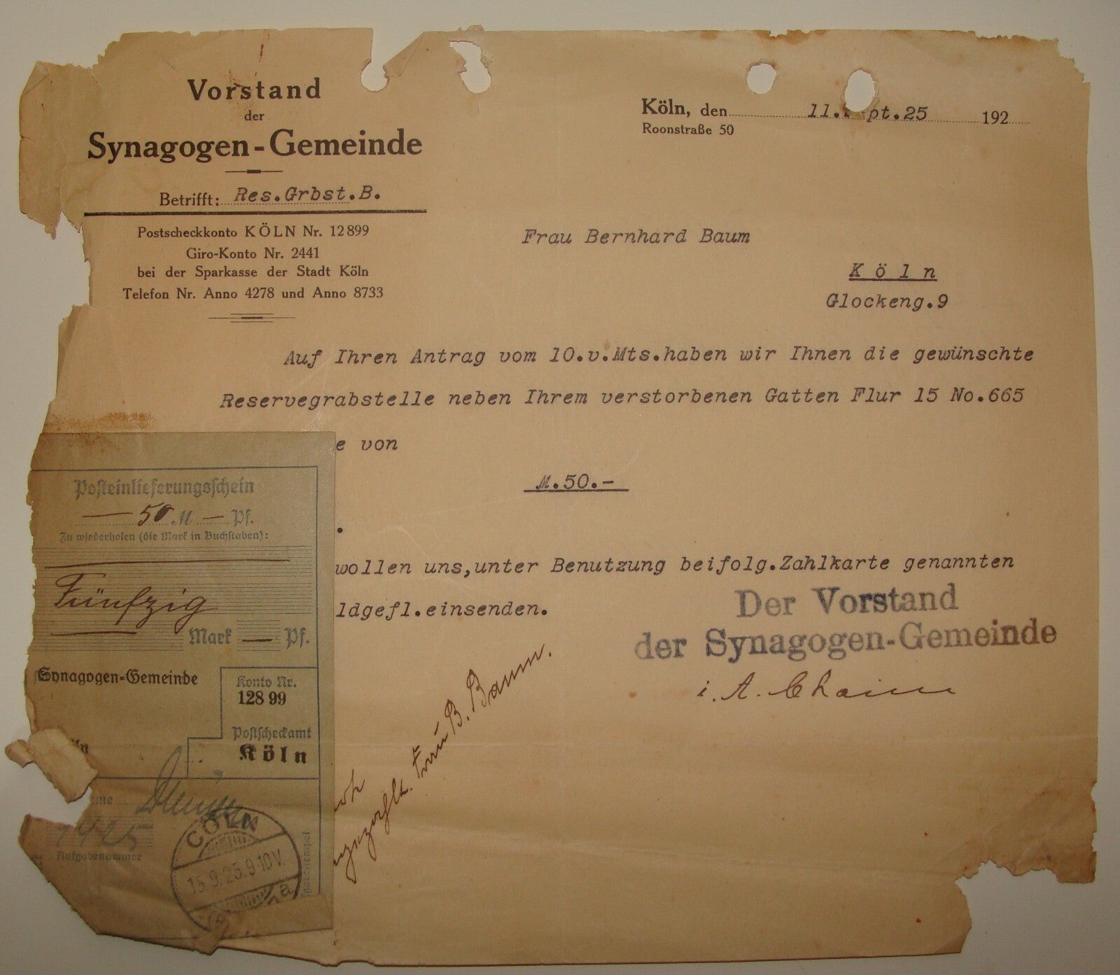 Germany Letter Jewish Judaica 1925 German Koln Synagogue Synagogen Gemeinde