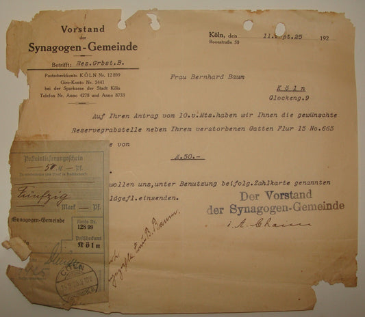 Germany Letter Jewish Judaica 1925 German Koln Synagogue Synagogen Gemeinde