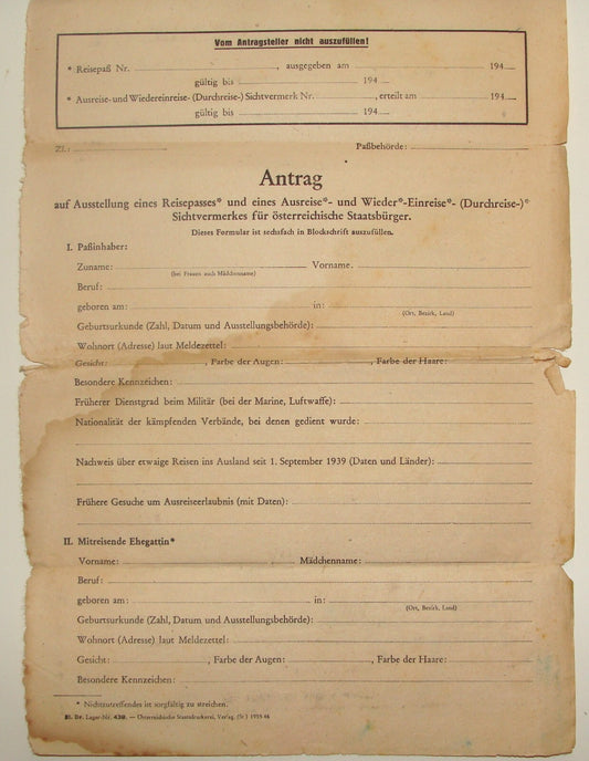 1940s WWII Austria Pass Port Visa Application Form Reisepass German