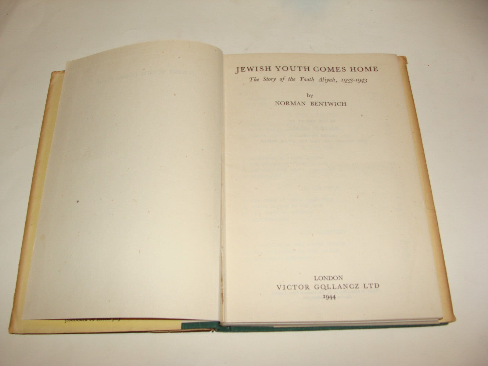 Book Jewish Judaica 1946 UK England London Youth Comes Home Zionist Aliyah