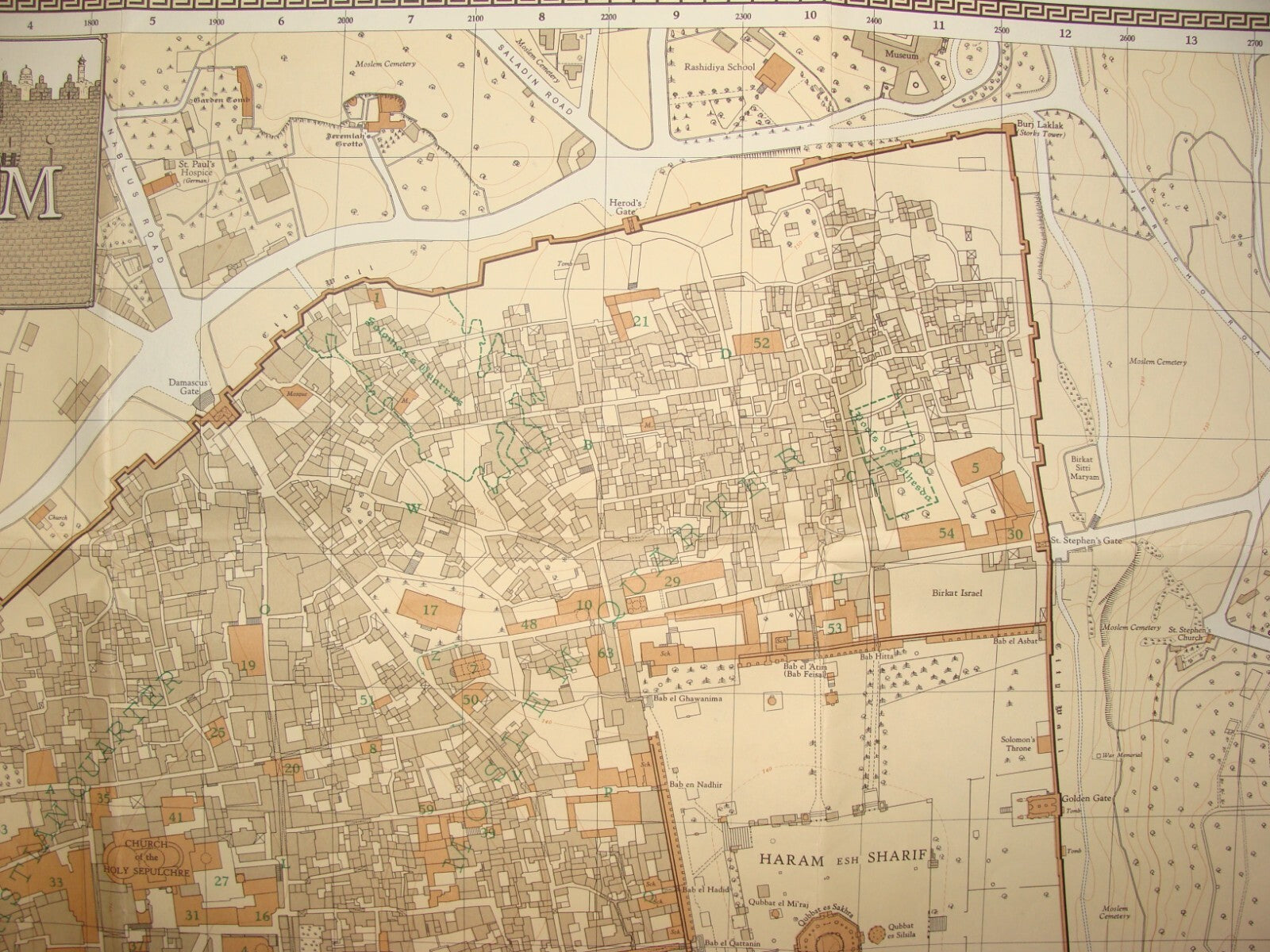 Map Jewish RARE Judaica Israel 1947 JERUSALEM Old City F .J. SALMON Print 1966