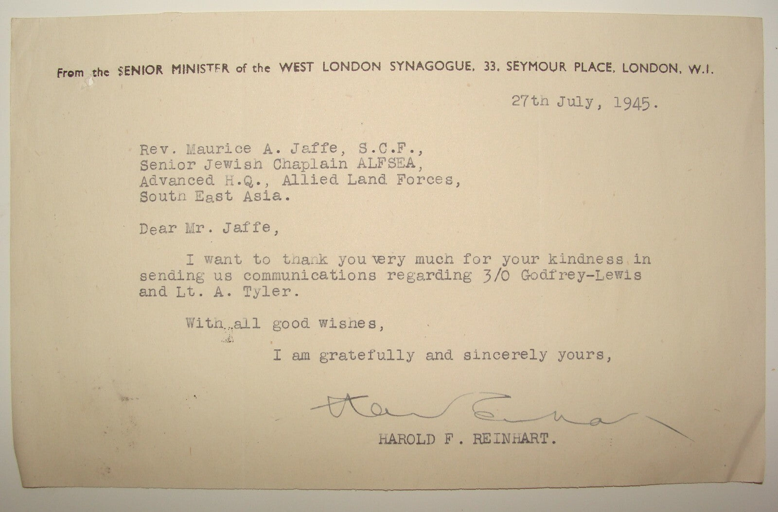 Jewish Judaica WW2 1945 British Army Brigade Rabbi Jaffe West London