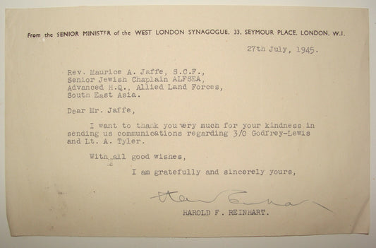 Jewish Judaica WW2 1945 British Army Brigade Rabbi Jaffe West London