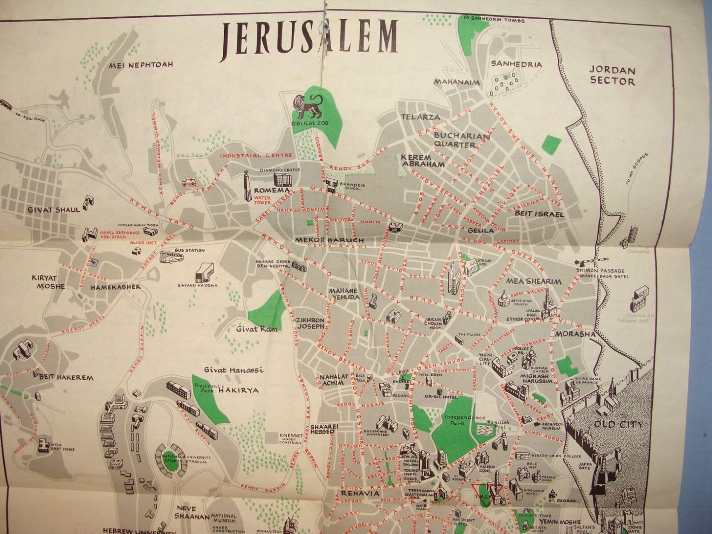 Map Jewish Judaica 1961 Israel JERUSALEM Pictorial Pre Six Day War YMCA Guide