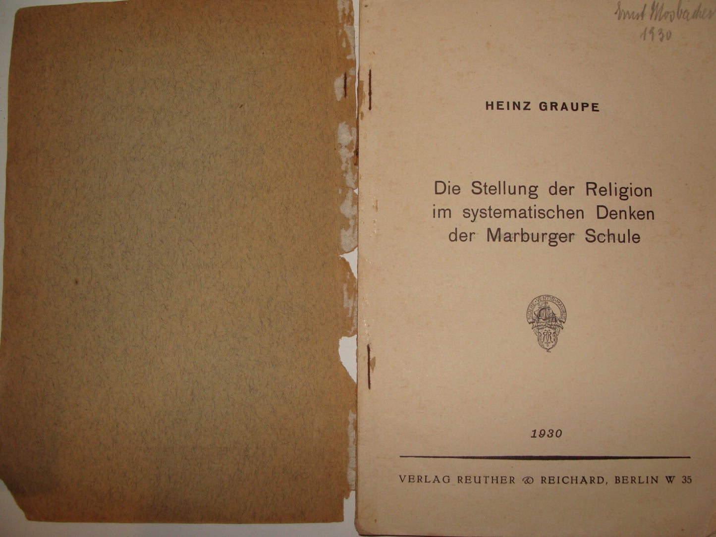 Germany Book Jewish Judaica 1930 Heinz Graupe Religion Philosophy Marburg School