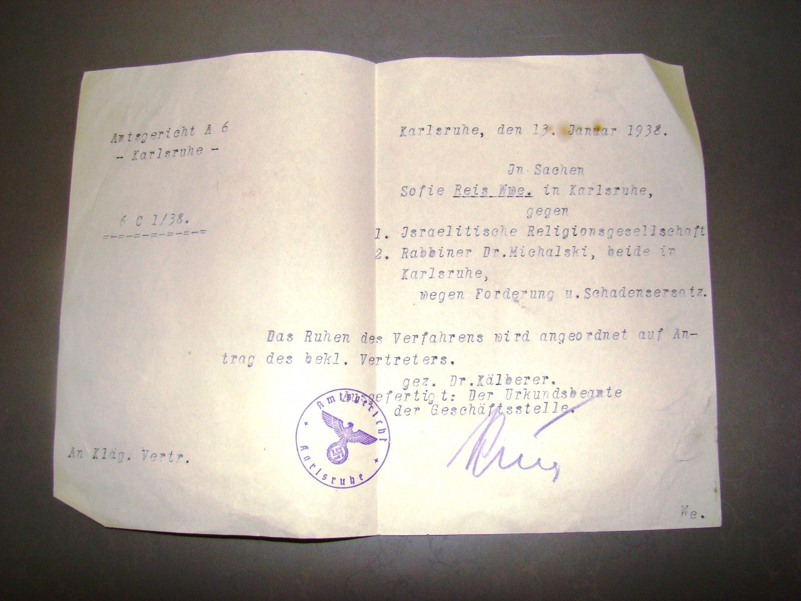 Germany letter Jewish judaica antique 1938 ww2 court orthodox jews Signed