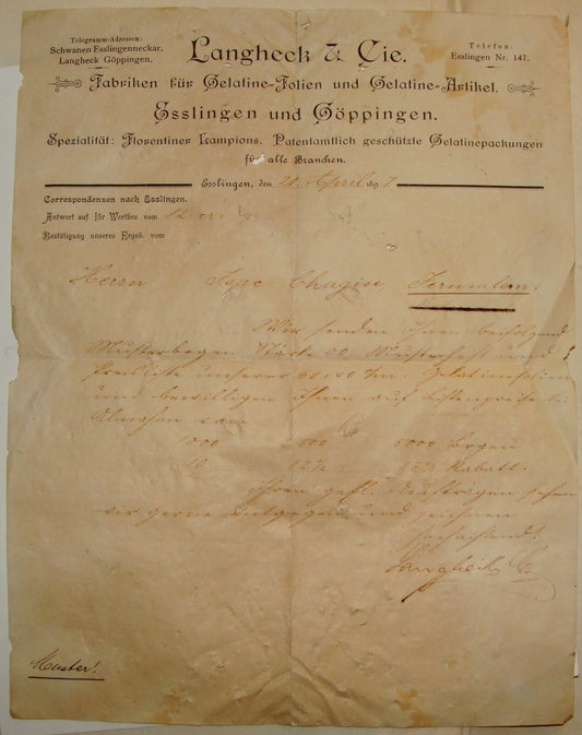 Germany Letter Jewish 1897 German   Langheck Company Factory Esslingen CHAGISE