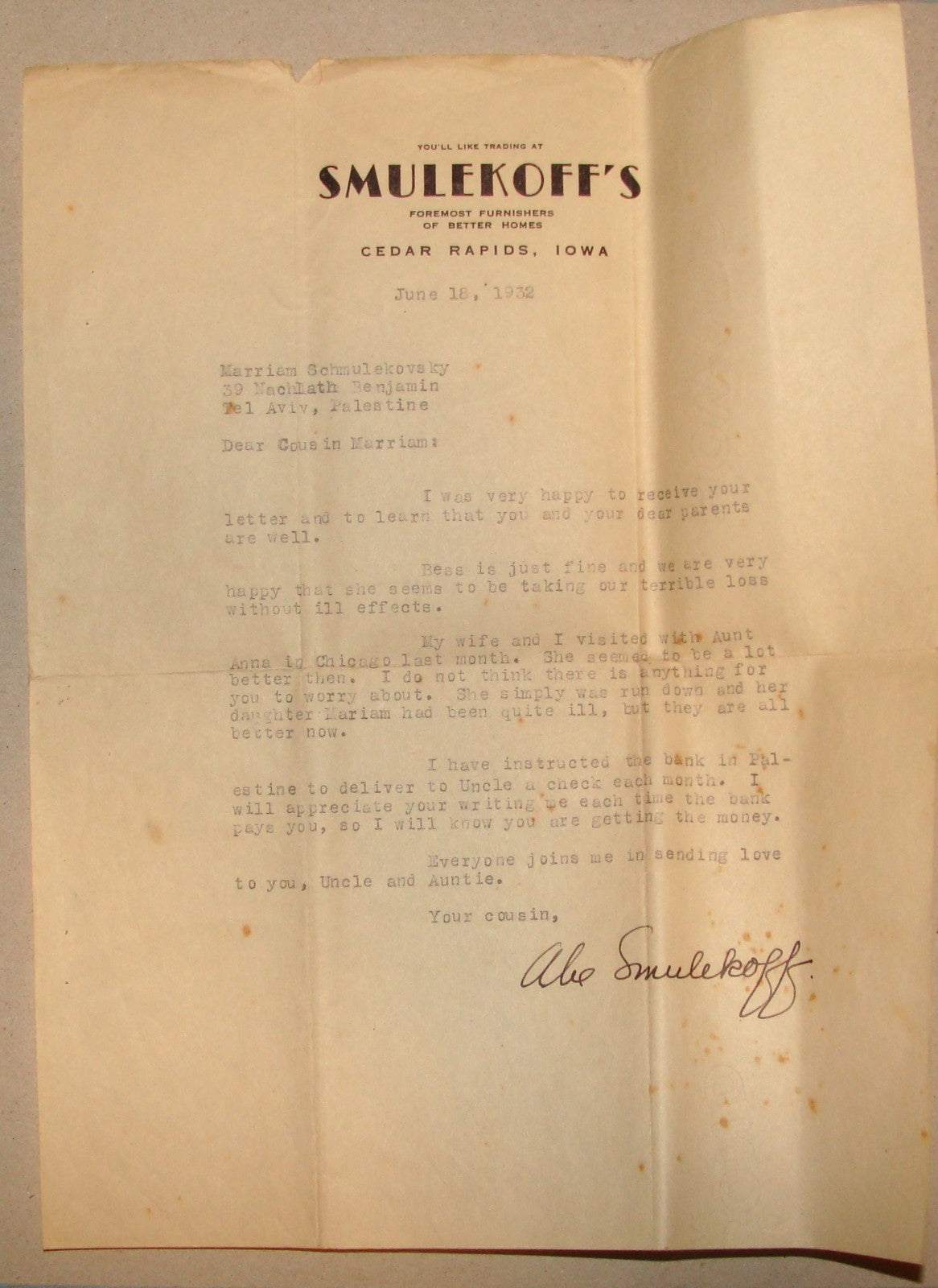 Letter Jewish American Judaica 1933 USA Iowa SMULEKOFF SMULEKOFF'S Cedar Rapids