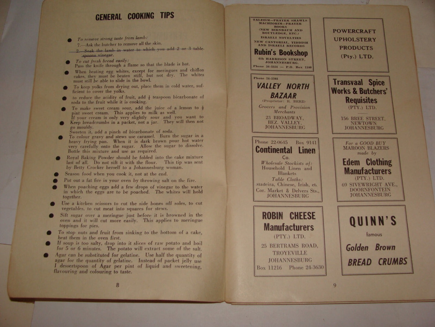 Book Jewish Judaica 1958 South Africa RECIPES King David Schools Ladies