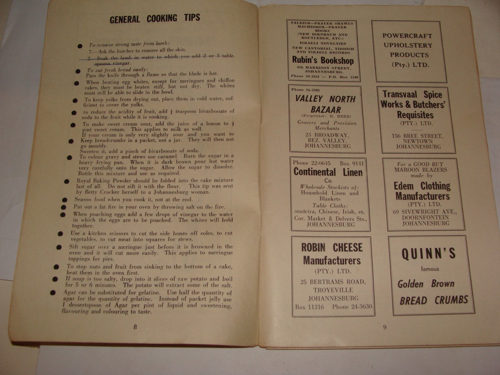 Book Jewish Judaica 1958 South Africa RECIPES King David Schools Ladies