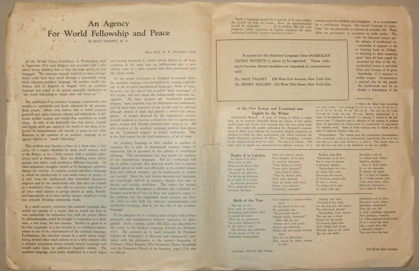 Pamphlet Jewish RARE 1936 MAX TALMEY ALBERT EINSTEIN GLORO LANGUAGE Esperanto