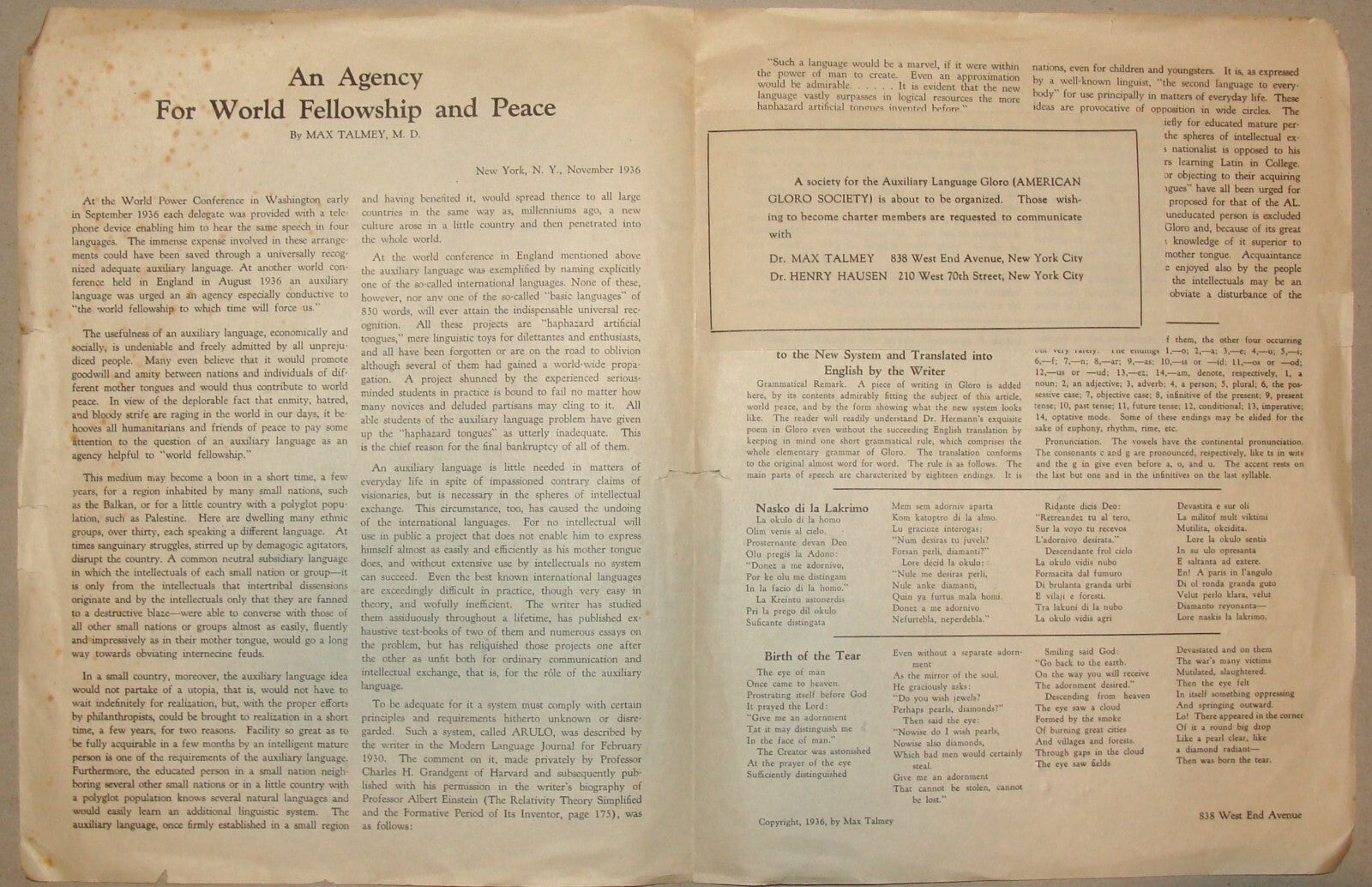 Pamphlet Jewish RARE 1936 MAX TALMEY ALBERT EINSTEIN GLORO LANGUAGE Esperanto