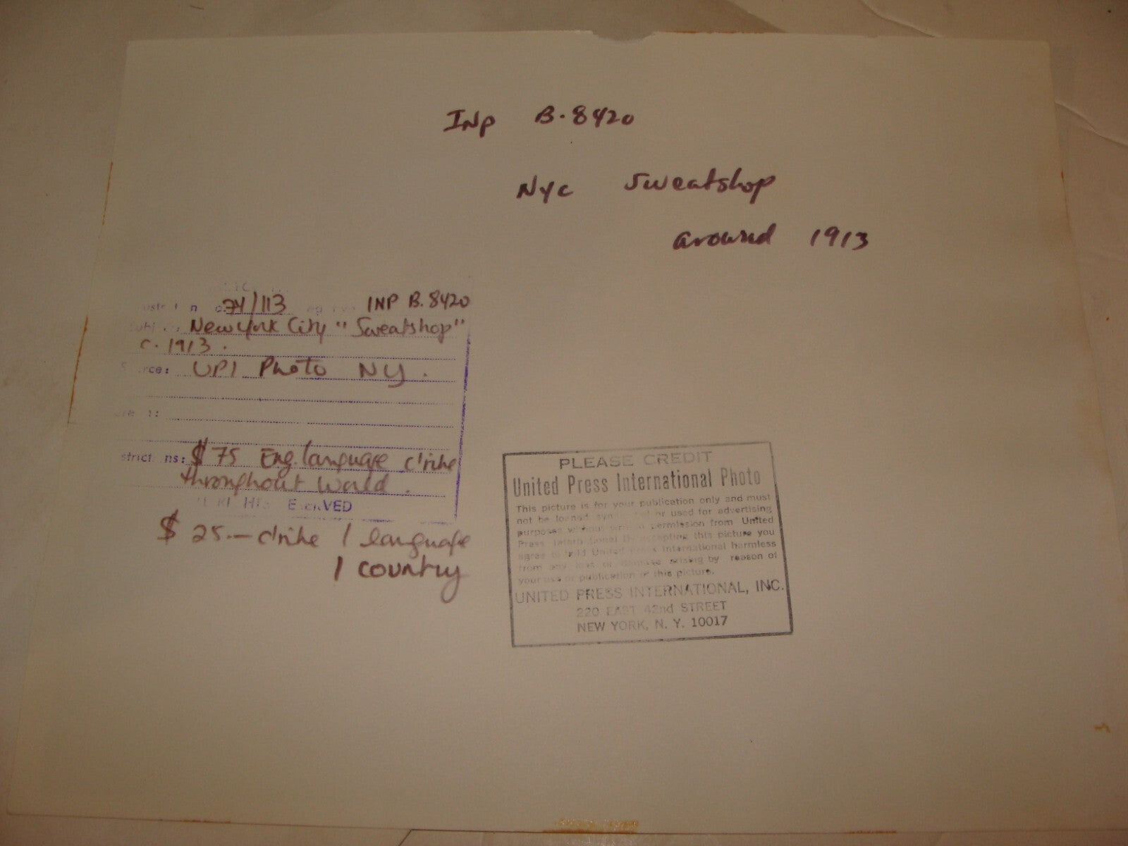 $ Photo Print, c.1913 American Jewish Judaica United States New York Sweatshop